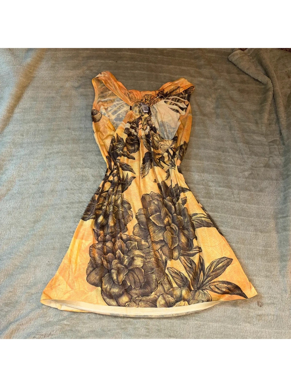 yellow and black floral Tuscan Y2K mini dress with metal circular back